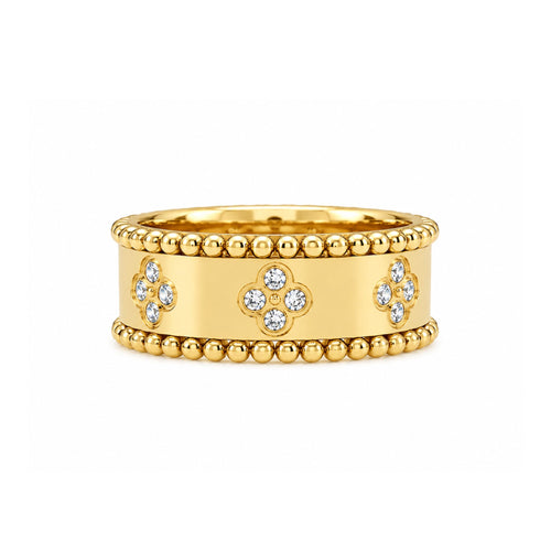 Clover Royale Ring Gold mit Kleeblatt Zirkonia und Perlenrand Design