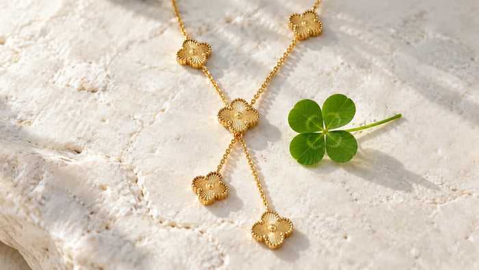 Goldene Kleeblatt-Kette im Y-Design mit echtem vierblättrigem Kleeblatt auf hellem Stein