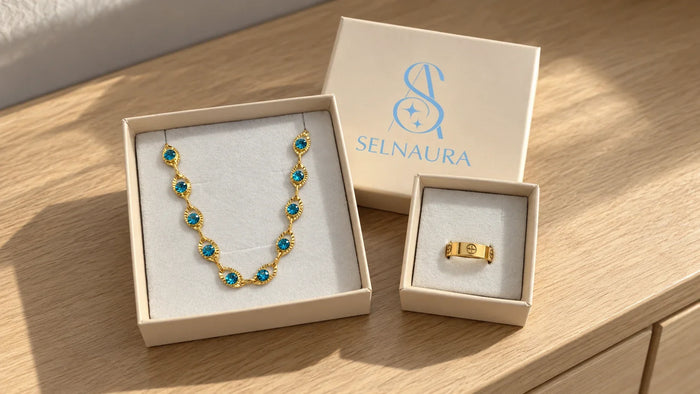 Geöffnete SELNAURA Schmuckbox mit Kette und Ringbox mit Ring auf einer Holzkommode