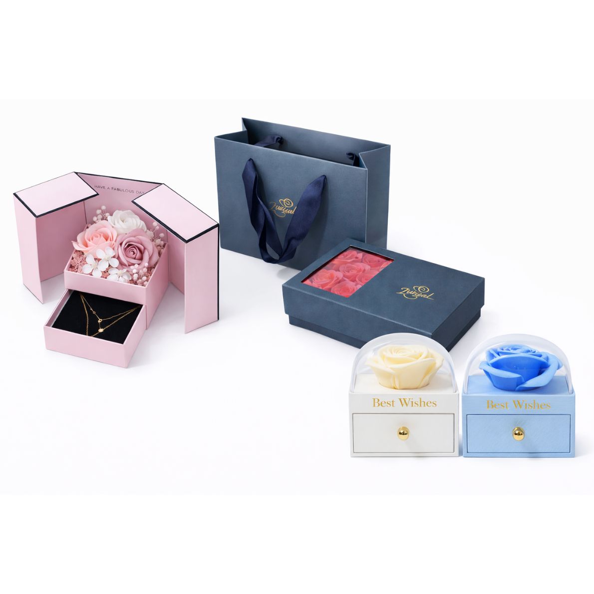 Elegante Geschenkverpackungen mit Schmuckboxen, Geschenktüten und Rosenboxen in Rosa, Blau und Creme – stilvolle Verpackungen für besondere Anlässe