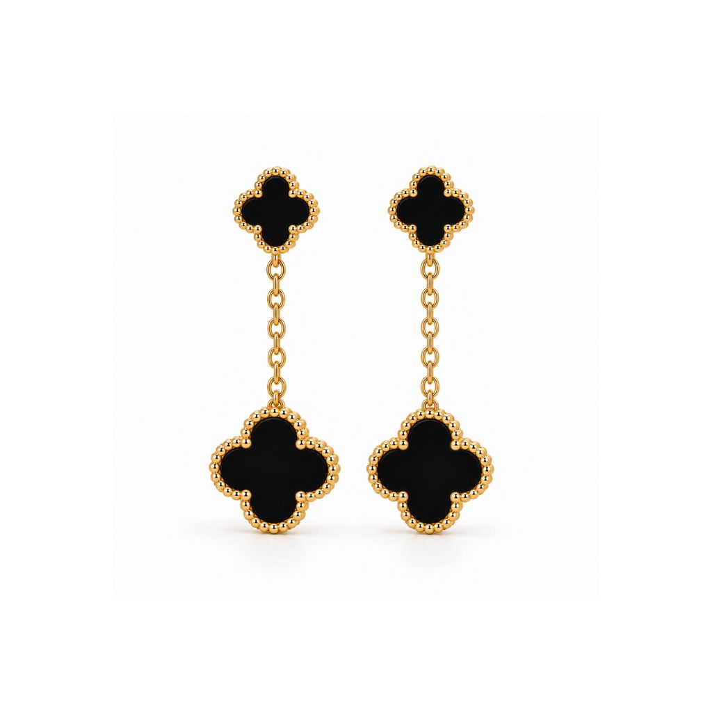 Kleeblatt-Ohrhänger in Gold mit schwarzen Kleeblättern und Kugelrand, Edelstahl 18K vergoldet