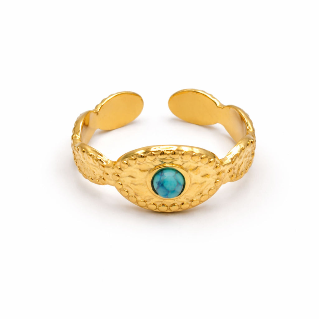 Goldener Ring mit türkisfarbenem Stein, strukturierte Oberfläche, wasserfester Modeschmuck für Damen von Selnaura