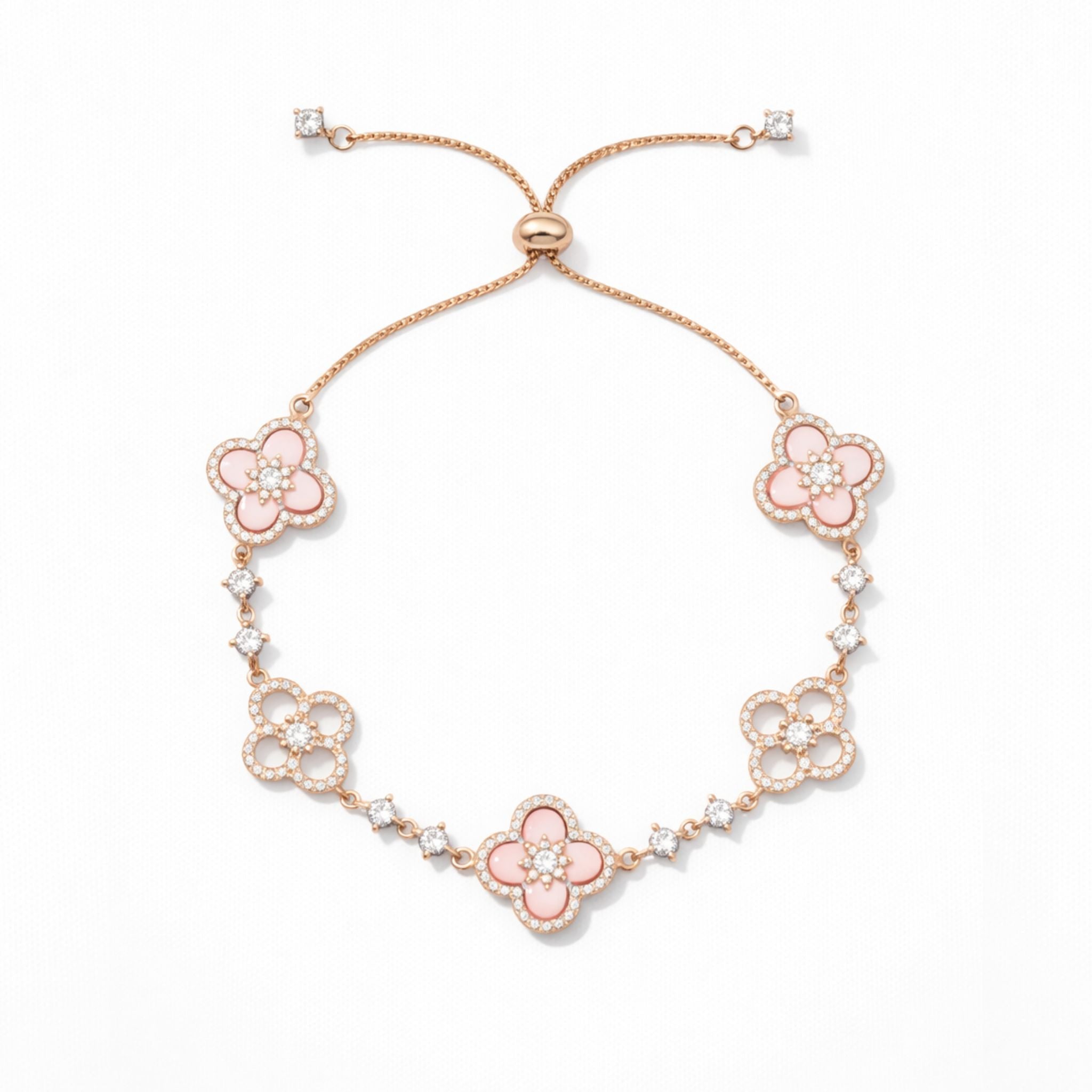 Blumen Armband in Rosé mit funkelnden Zirkonia-Details in Pink, größenverstellbar, wasserfest, Modeschmuck für Damen