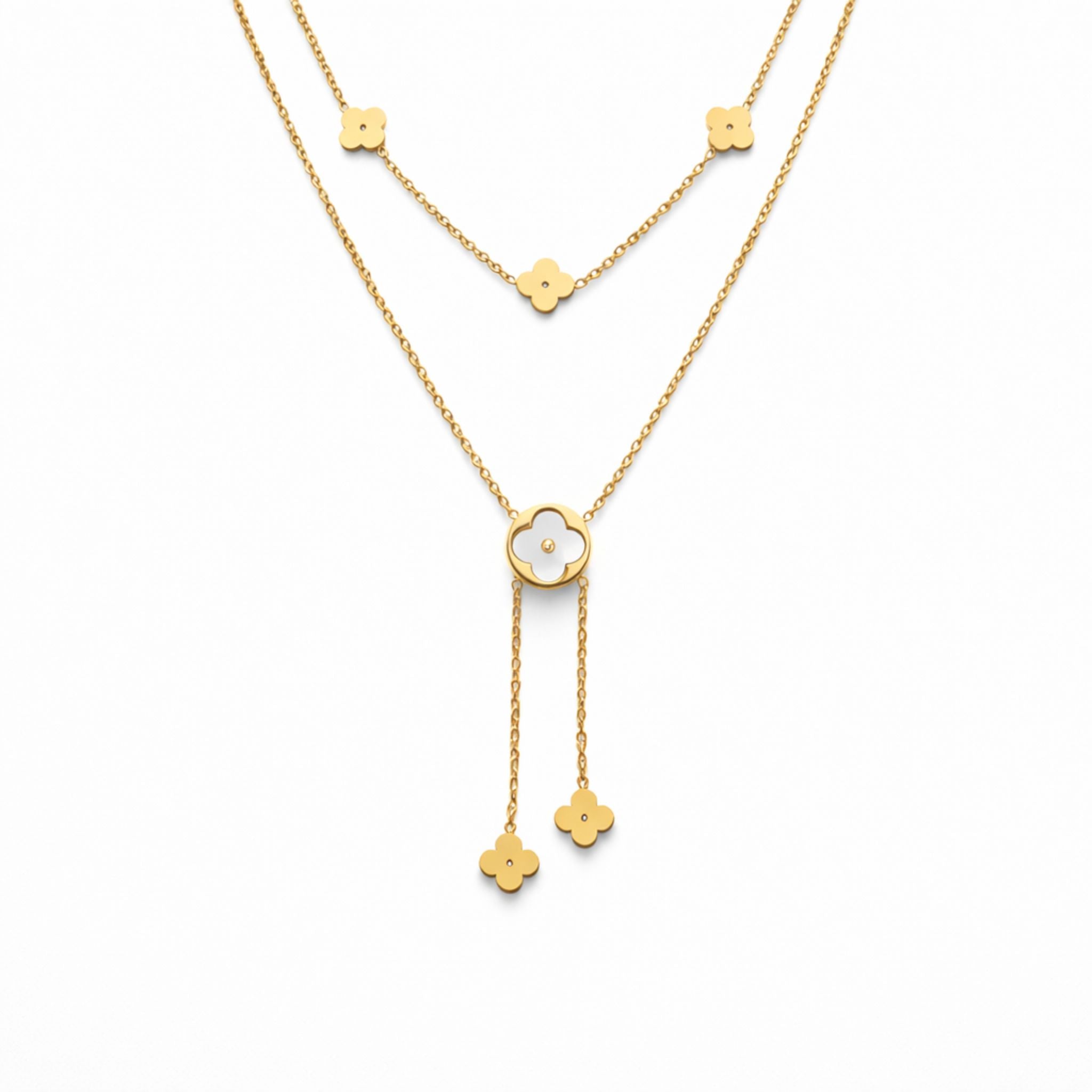 Kleeblatt Layer Halskette in Gold mit Perlmutt-Detail, zarte Länge, wasserfest, Modeschmuck für Damen