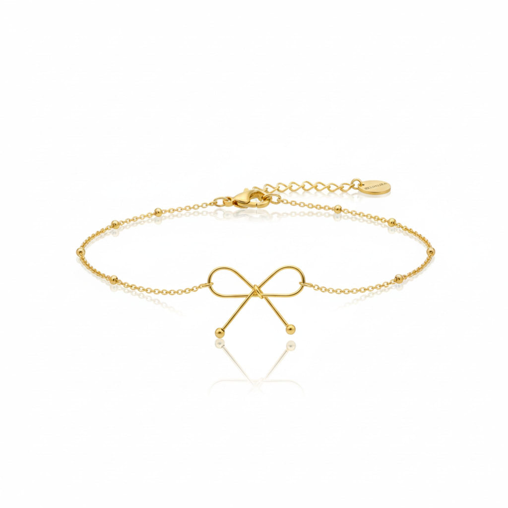 Schleifen Armband in Gold mit filigraner Kette, wasserfest, hautfreundlich, eleganter Modeschmuck für Damen