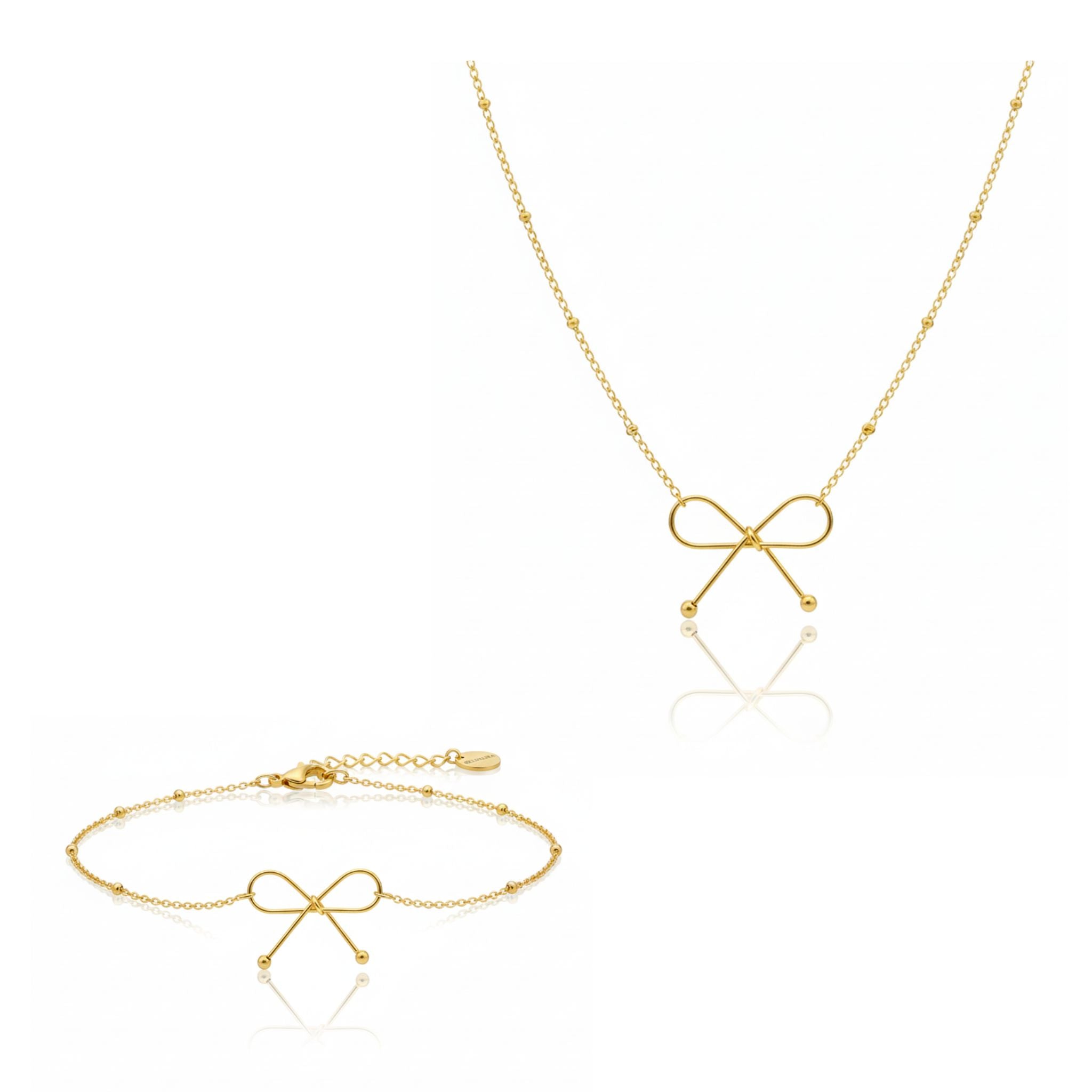 Ela Belle Schmuck Set mit goldfarbener Kette und Armband mit filigranem Schleifen Design, minimalistisch auf reinweißem Hintergrund.