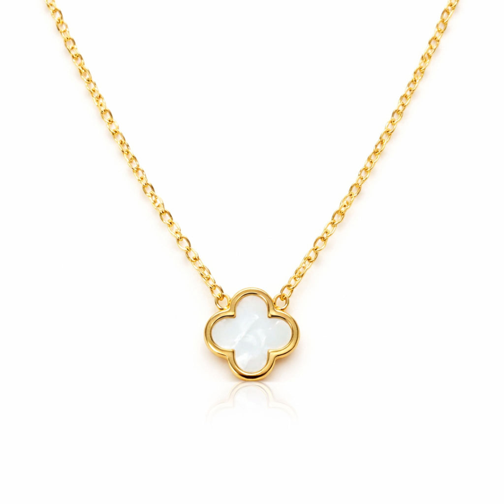 Kleeblatt Halskette in Gold mit Perlmutt-Anhänger, zarte Länge, wasserfest, Modeschmuck für Damen