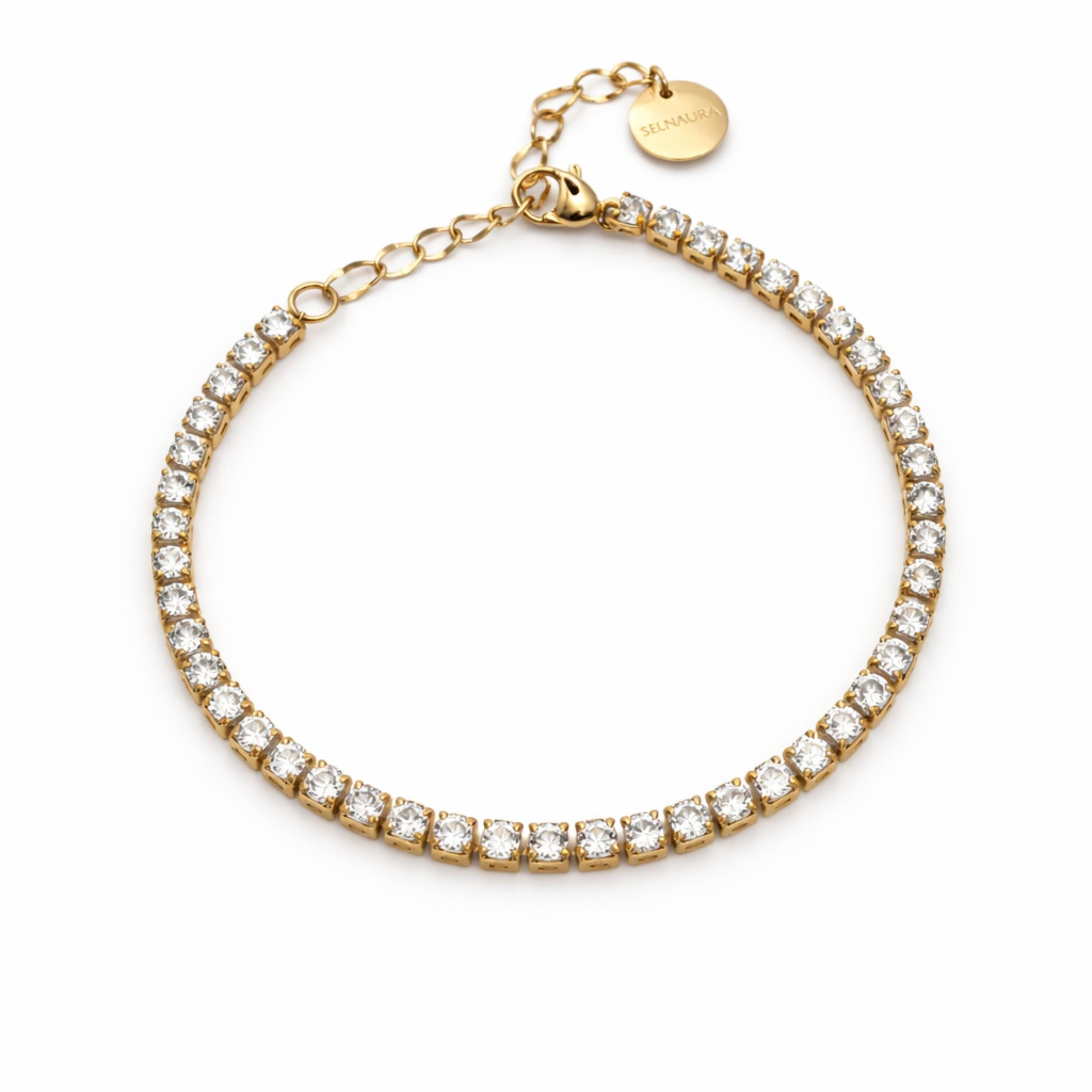 Eternal Stream Tennis Armband aus goldfarbenem Edelstahl mit funkelnden Zirkonia-Steinen, wasserfest, hautfreundlich und elegant – hochwertiger Damenschmuck von Selnaura