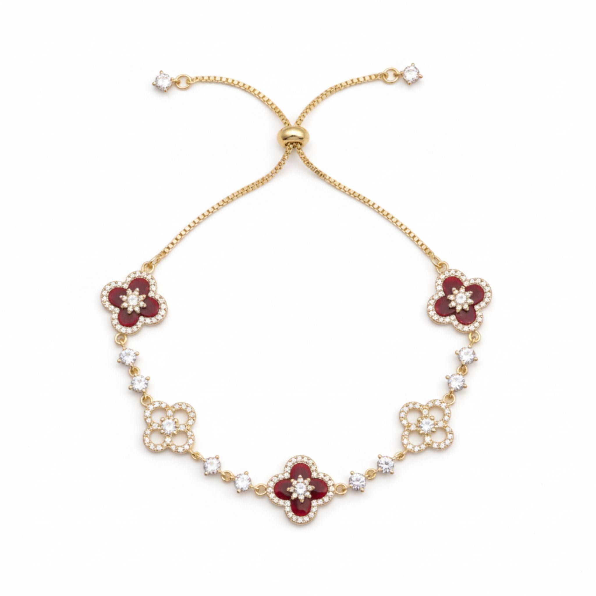 Blumen Armband in Gold mit roten Emaille-Details und funkelnden Zirkonia, größenverstellbar, wasserfest, Modeschmuck für Damen