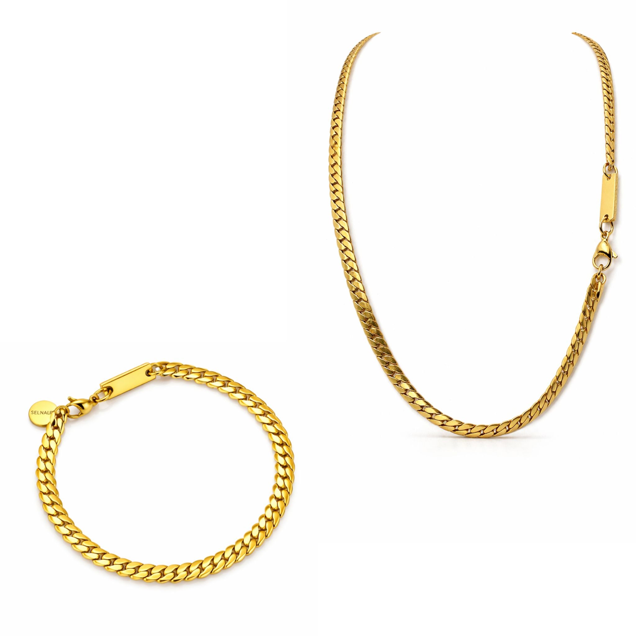 Urban Chain Schmuck Set mit Kette und Armband in gold, klar dargestellt auf reinweißem Hintergrund.
