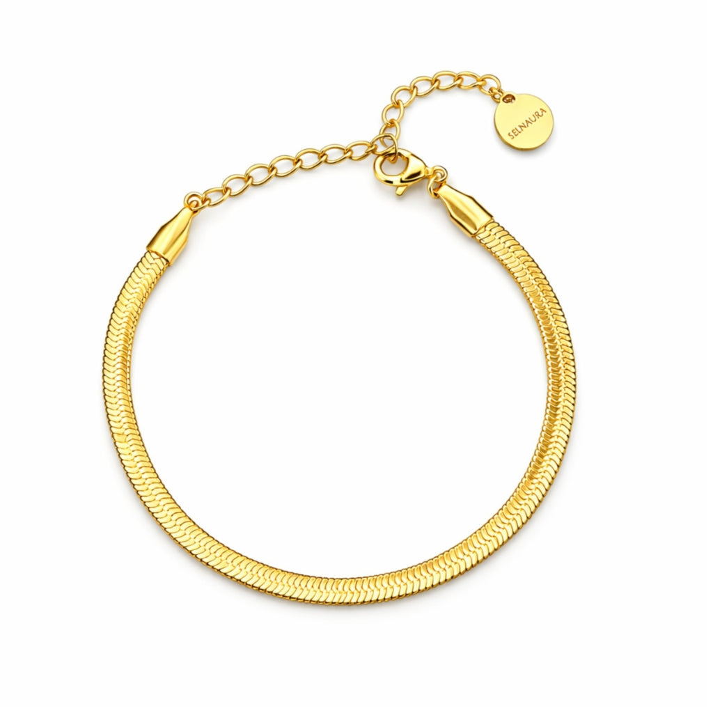Liquid Flow Snake Armband in Gold mit Verlängerungskette und Selnaura-Anhänger, Edelstahl 18K vergoldet