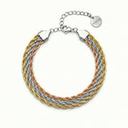 Mehrreihiges Armband in Tricolor aus Gold, Silber und Rosé, geflochtenes Design, wasserfest, Modeschmuck für Damen