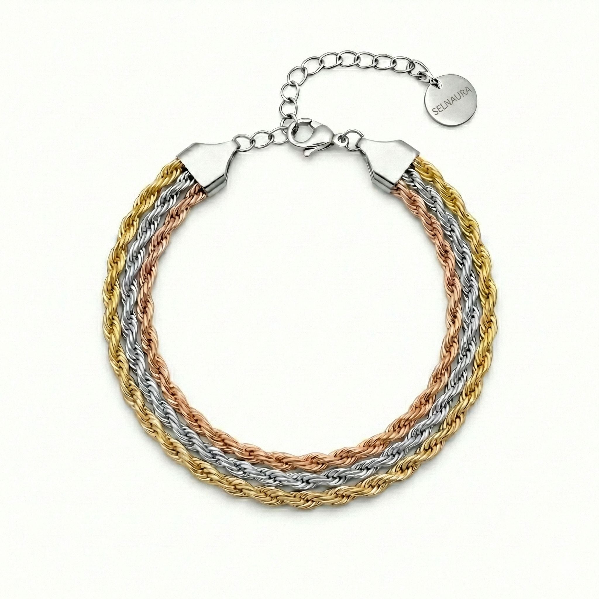 Mehrreihiges Armband in Tricolor aus Gold, Silber und Rosé, geflochtenes Design, wasserfest, Modeschmuck für Damen
