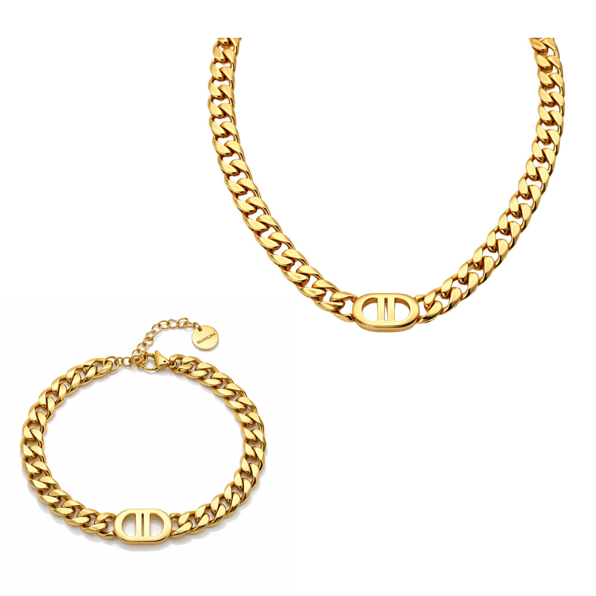 Golden Pulse Chain Schmuck Set mit goldfarbener Kette und passendem Armband im markanten Kettendesign, klar dargestellt auf reinweißem Hintergrund.