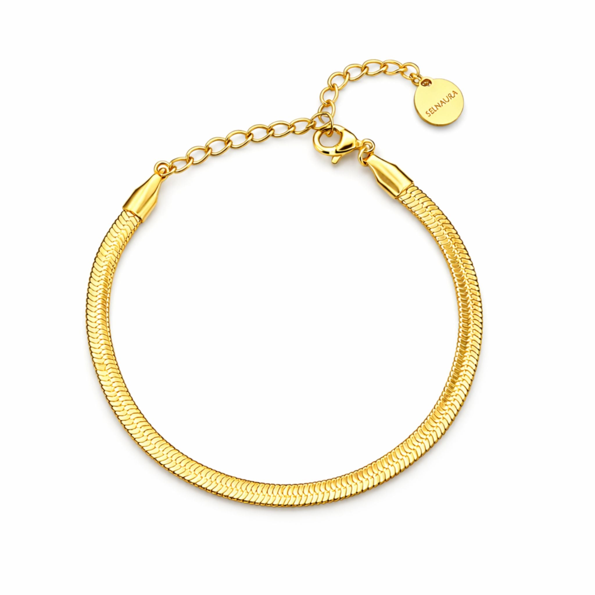 Liquid Flow Snake Armband – elegantes goldfarbenes Schlangenarmband mit flachem Design und Verlängerungskette, Selnaura Schmuck