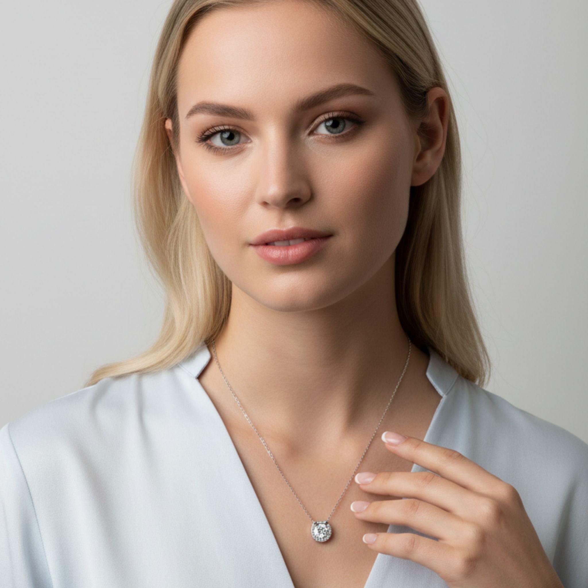 Zirkonia Halskette in Silber getragen, zeitlos kombinierbar, eleganter wasserfester Modeschmuck für Damen