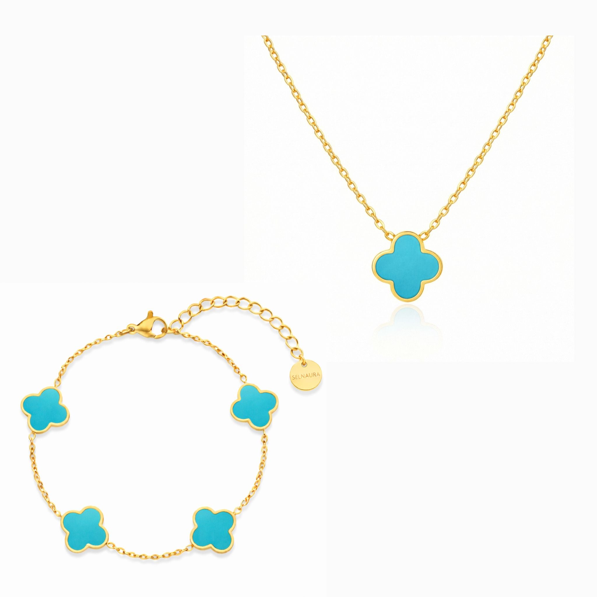 Ocean Clover Schmuck Set mit goldfarbener Kette und Armband mit türkisblauem Kleeblatt Design, klar und modern auf reinweißem Hintergrund.
