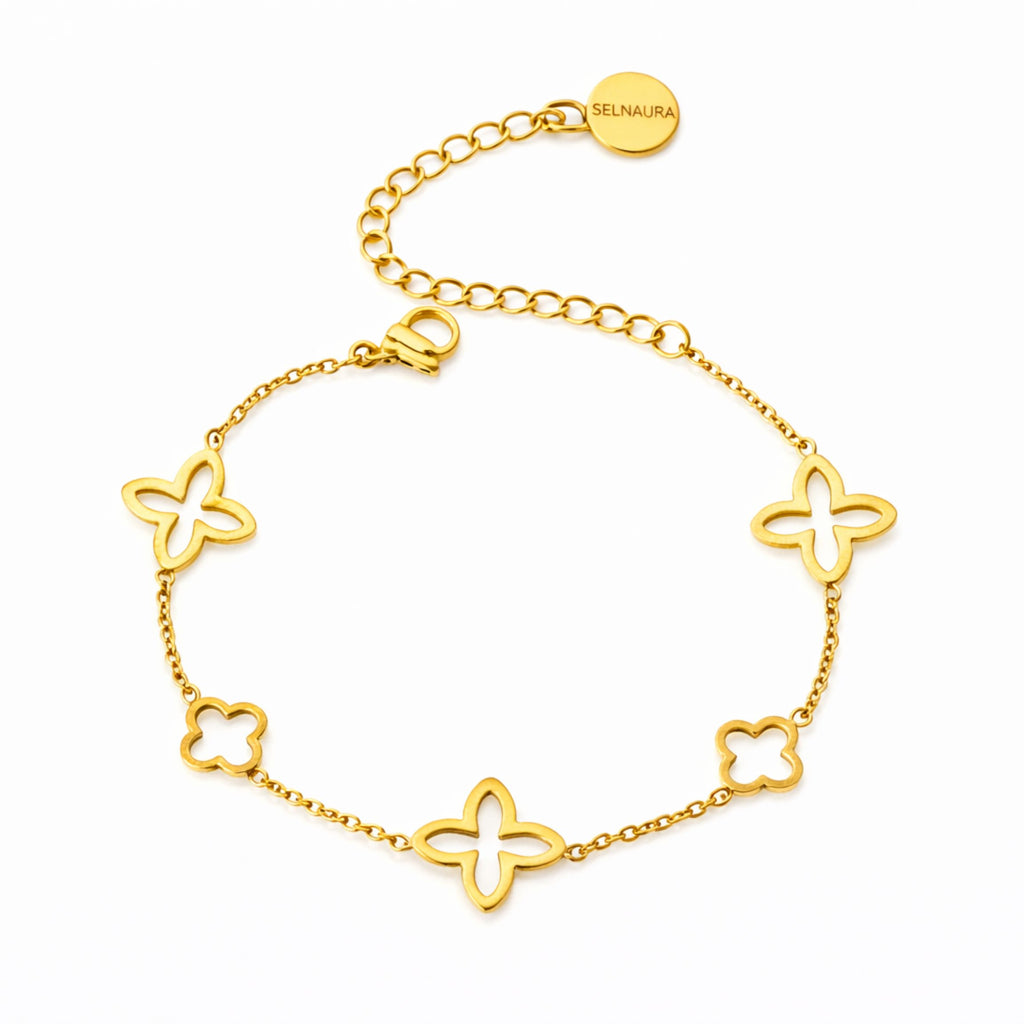 Kleeblatt Armband in Gold mit filigranen Anhängern, zeitloses Design, eleganter Modeschmuck für Damen