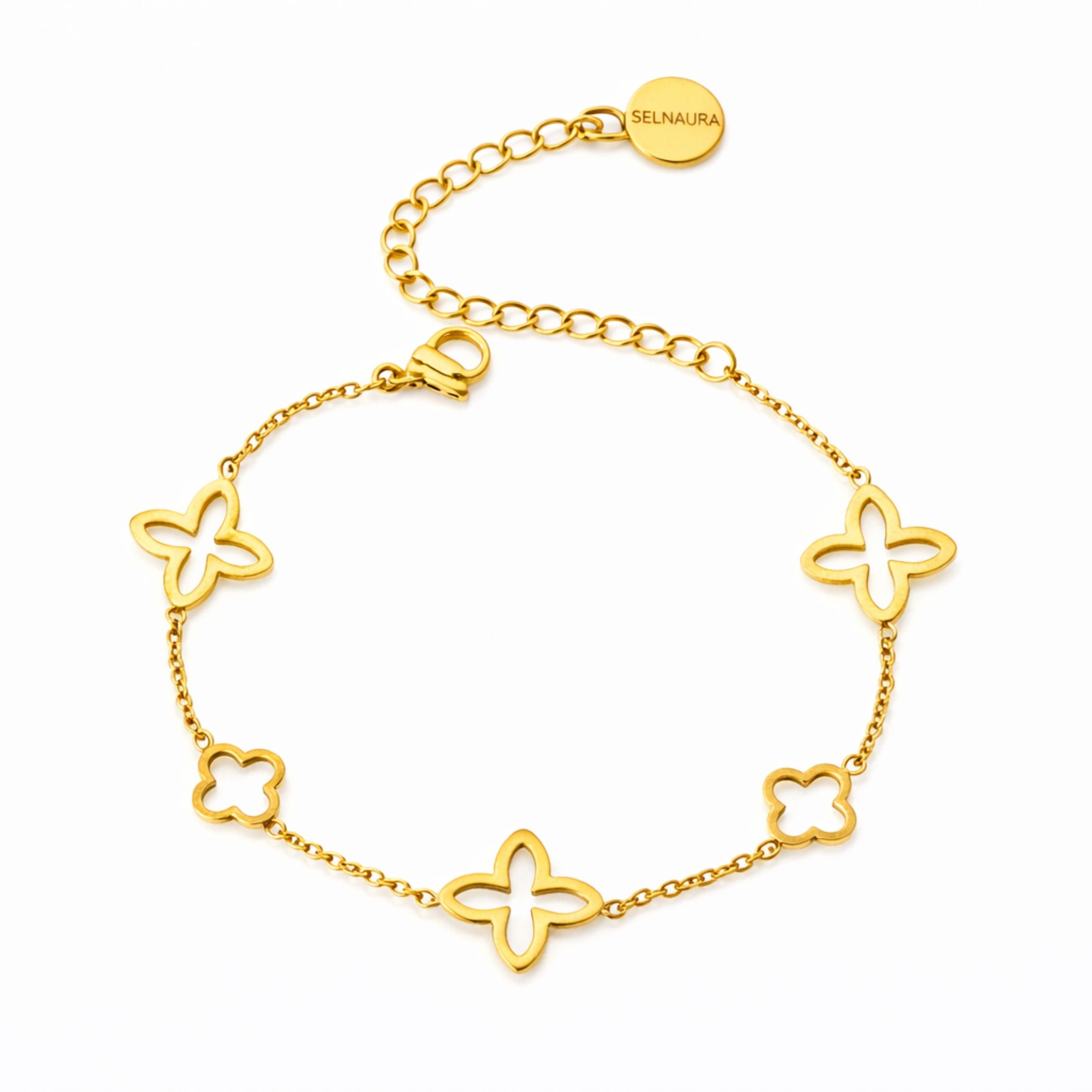 Kleeblatt Armband in Gold mit filigranen Anhängern, zeitloses Design, eleganter Modeschmuck für Damen