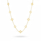 Kleeblatt Halskette in Gold mit filigranen, gleichmäßig verteilten Anhängern, zeitloses Design, eleganter Modeschmuck für Damen