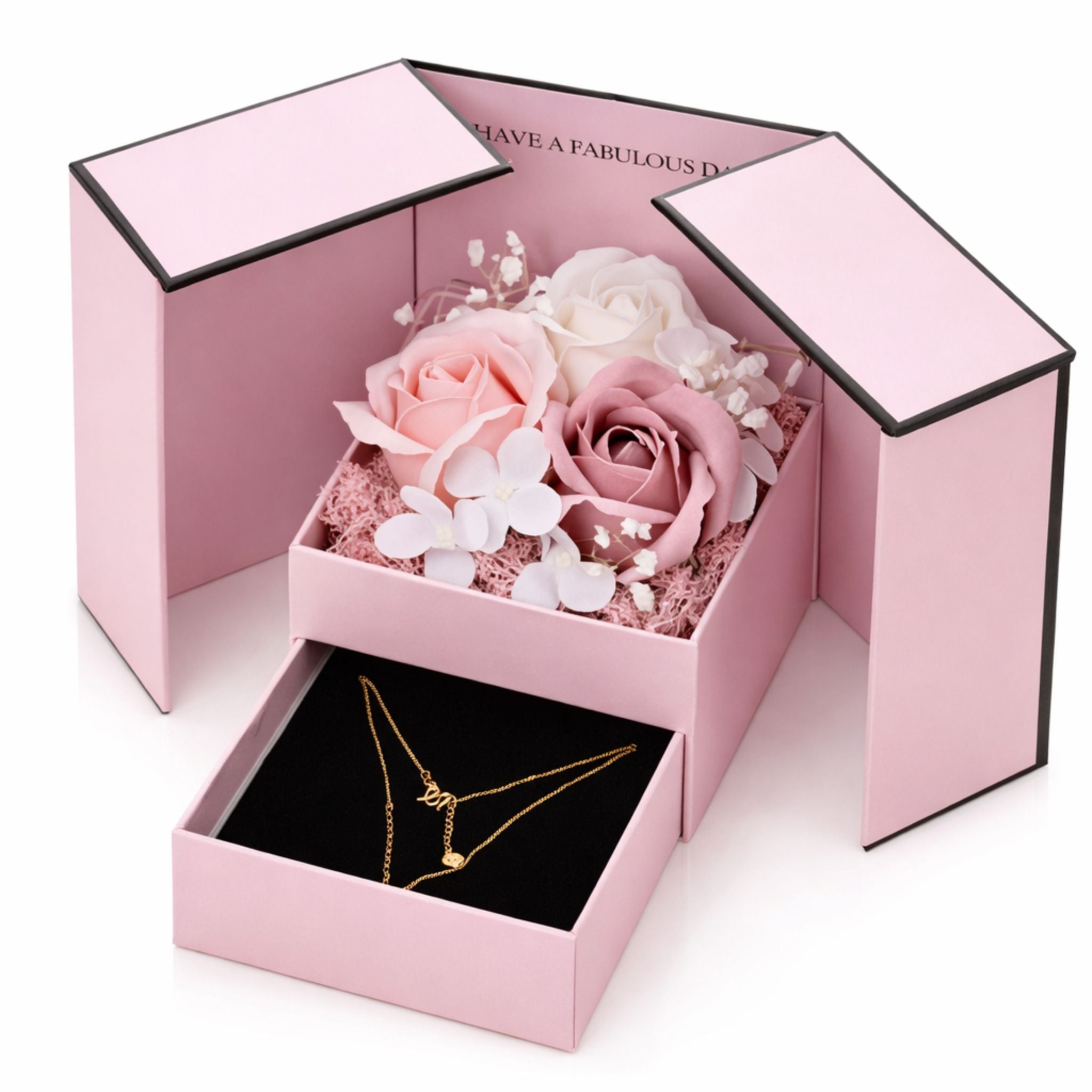 Rosa Schmuckbox mit dekorativen Rosen und Schublade zur Aufbewahrung von Schmuck.