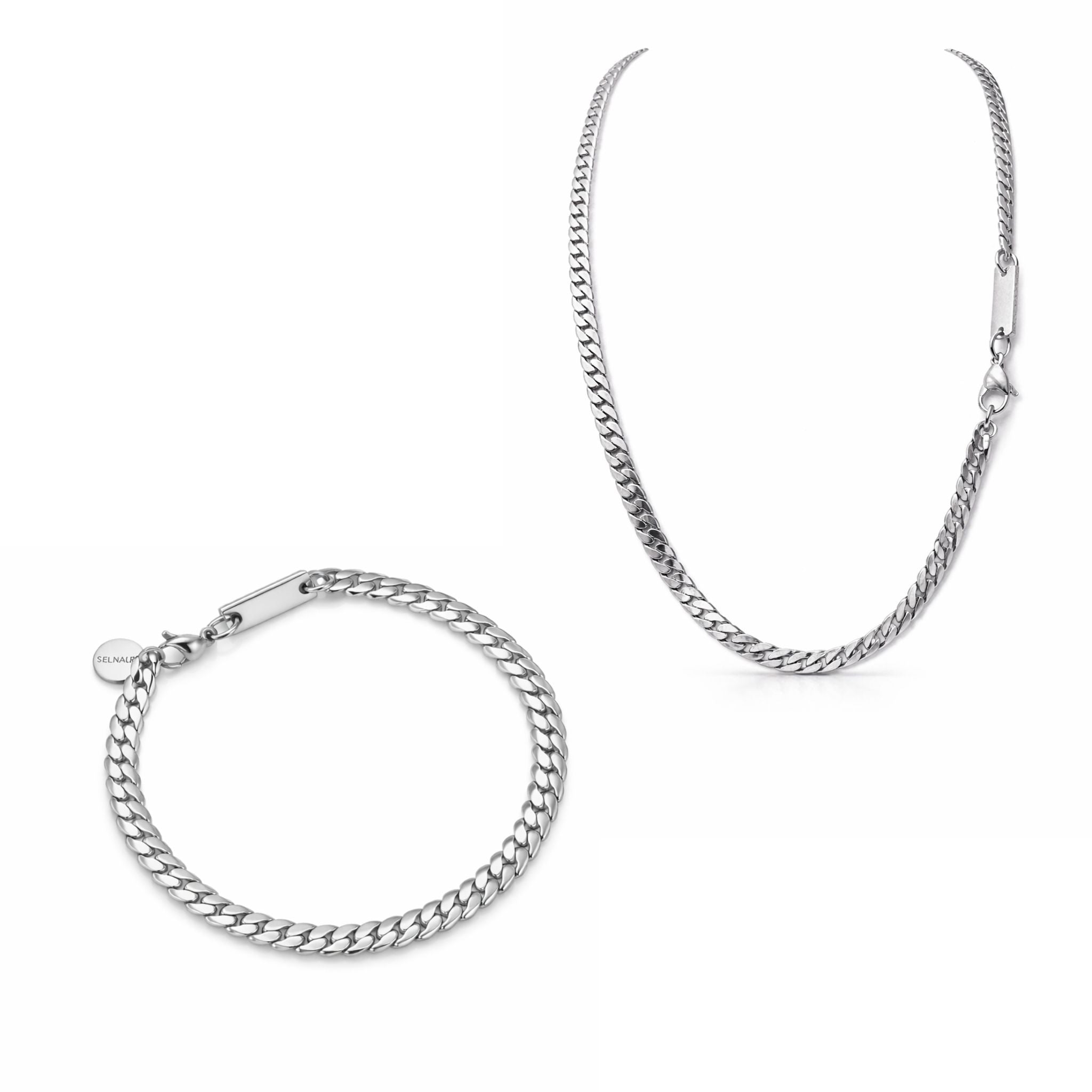 Urban Chain Schmuck Set mit Kette und Armband in silber, klar dargestellt auf reinweißem Hintergrund.