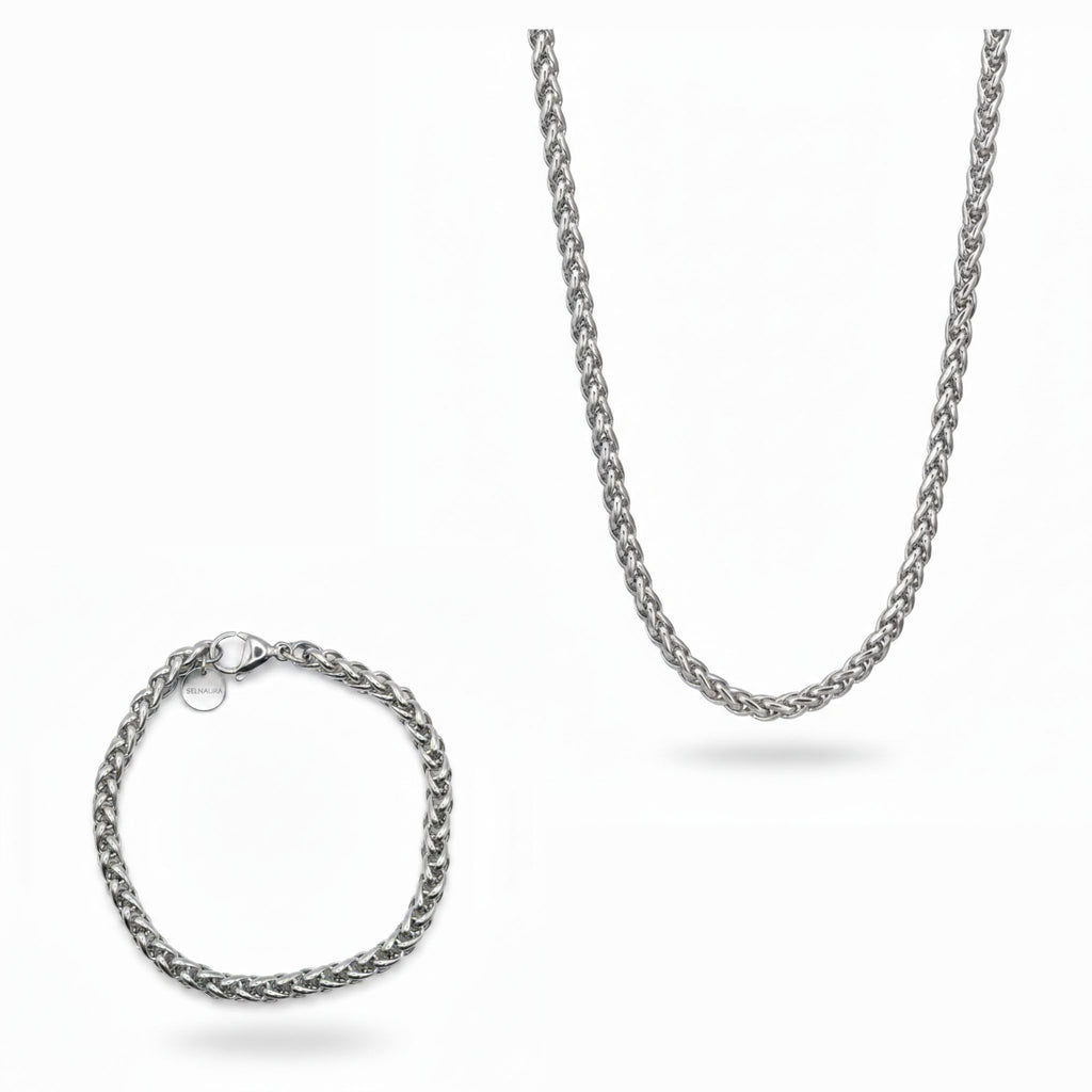 Silver Chain Schmuck Set mit silberfarbener Kette und passendem Armband im Kettendesign, minimalistisch auf reinweißem Hintergrund für Männer.