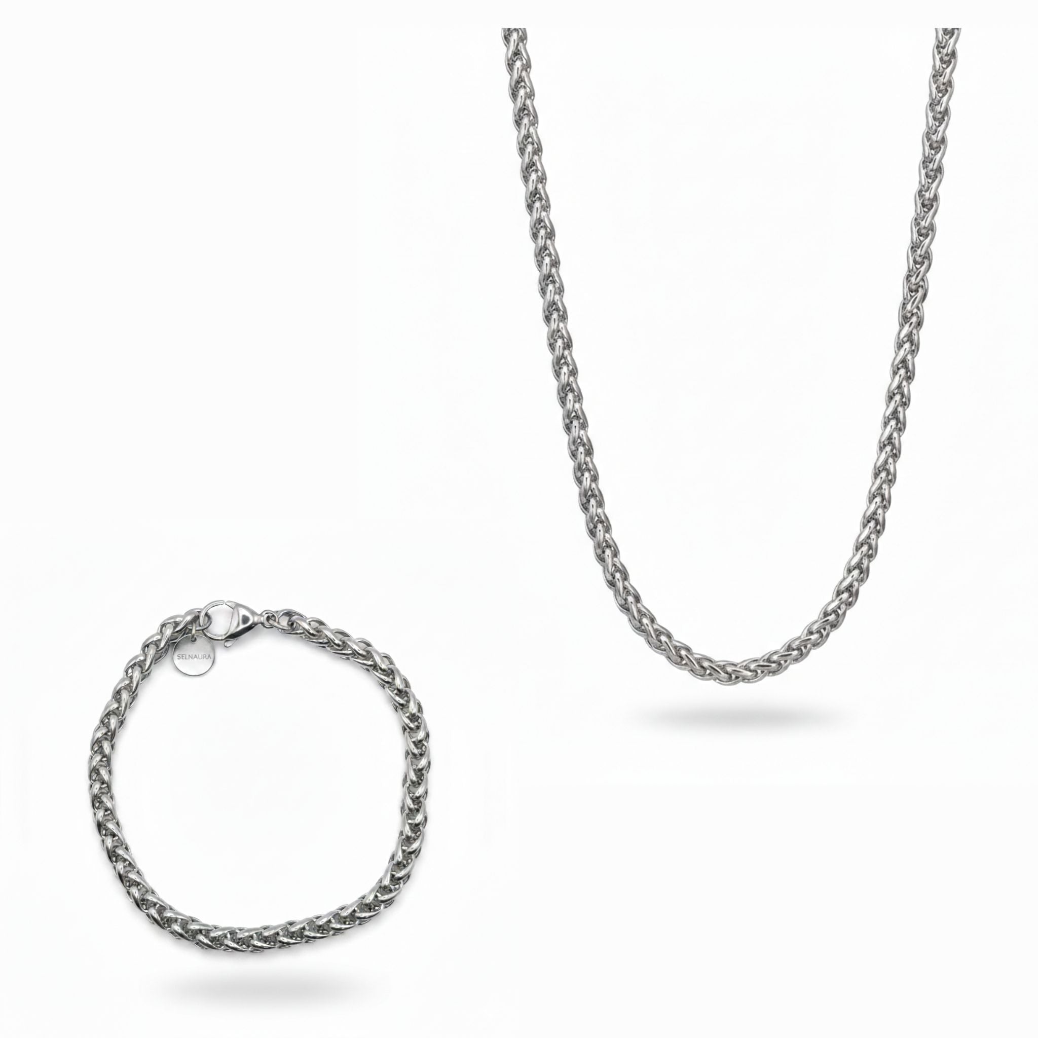 Silver Chain Schmuck Set mit silberfarbener Kette und passendem Armband im Kettendesign, minimalistisch auf reinweißem Hintergrund für Männer.