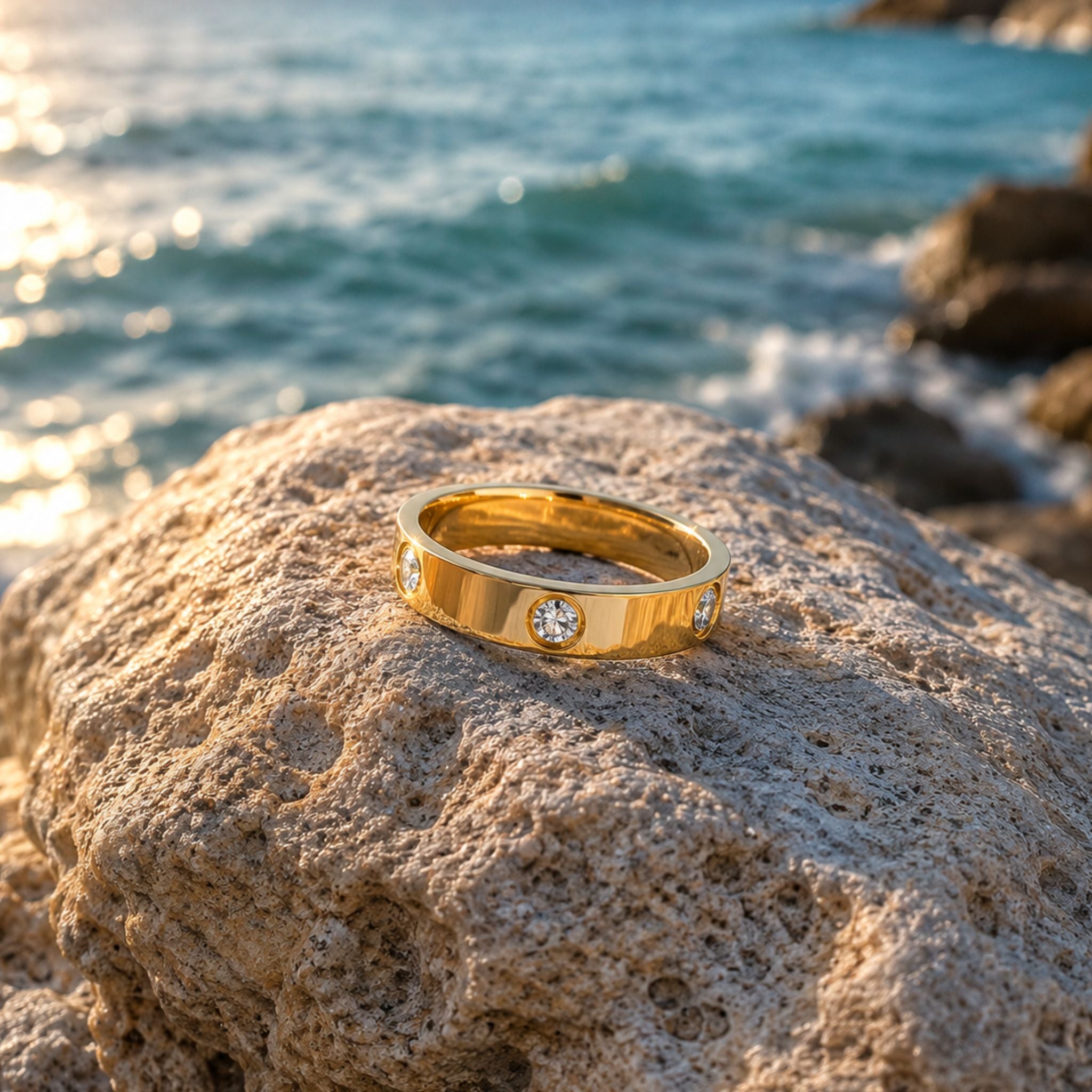 Aura Diamond Ring Gold auf Naturstein am Meer präsentiert