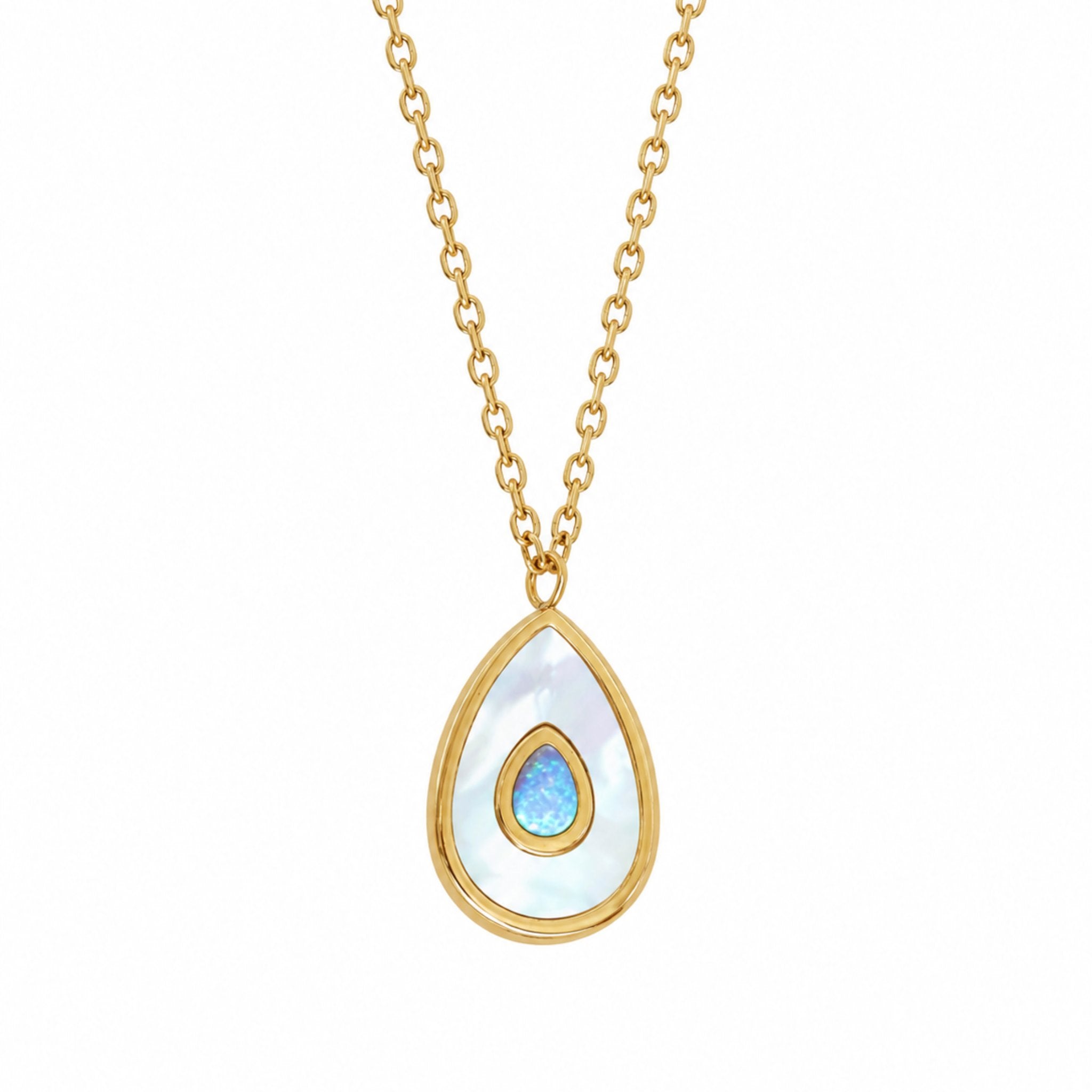 Blue Aura Drop Kette in Gold mit schimmerndem Opal Tropfen Anhänger und elegantem Design