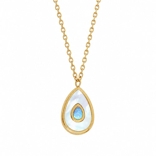 Blue Aura Drop Kette in Gold mit schimmerndem Opal Tropfen Anhänger und elegantem Design