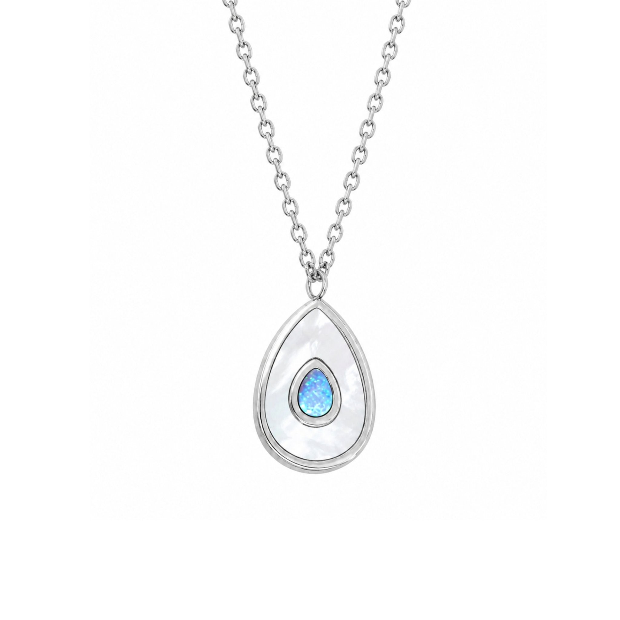 Blue Aura Drop Kette in Silber mit blauem Opal Tropfen Anhänger und schimmernder Oberfläche
