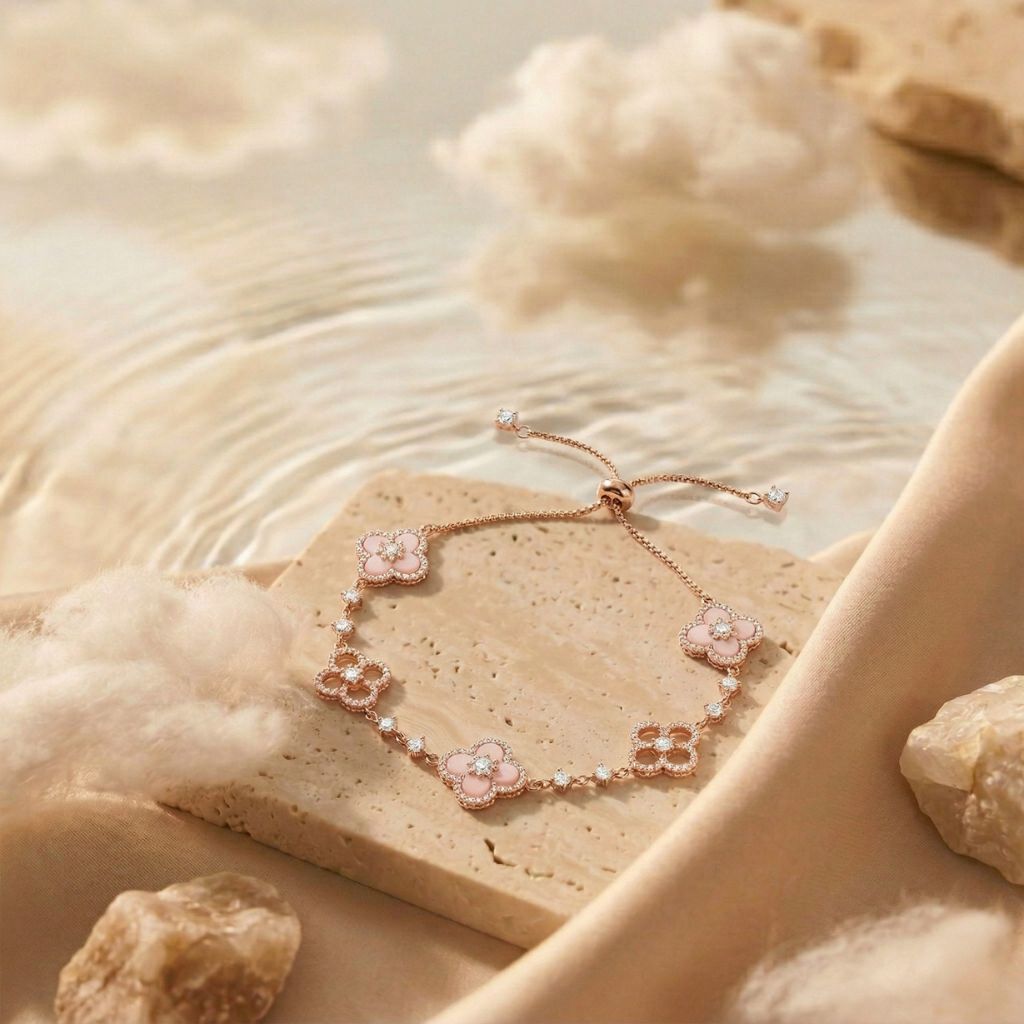 Blush Sparkle Armband in Roségold mit pinken Kleeblättern auf Sandstein – wasserfest, kein Abfärben – Damen Schmuck von Selnaura