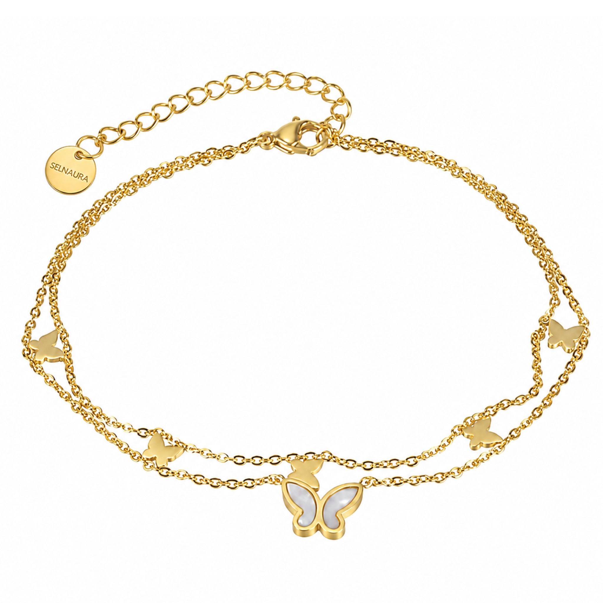 Butterfly Dream Fußkette Gold mit Schmetterling Anhängern und Perlmutt Detail
