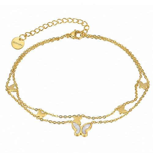 Butterfly Dream Fußkette Gold mit Schmetterling Anhängern und Perlmutt Detail