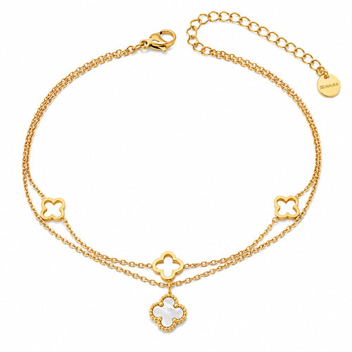 Clover Grace Fußkette Gold mit Kleeblatt Anhängern und Perlmutt Detail