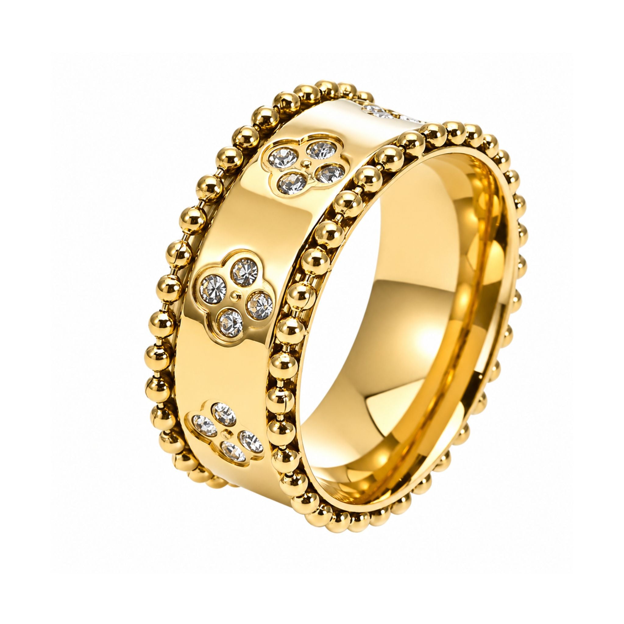 Goldener Edelstahl Ring mit Kleeblatt Muster und funkelnden Zirkonia Steinen