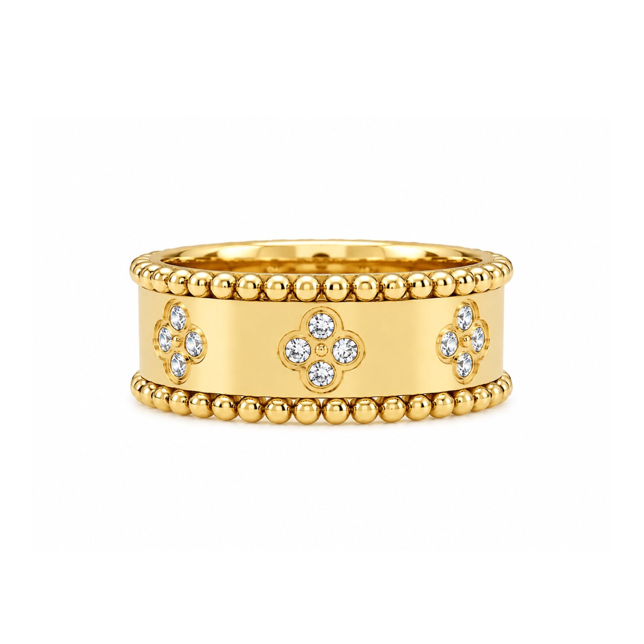 Clover Royale Ring Gold mit Kleeblatt Zirkonia und Perlenrand Design