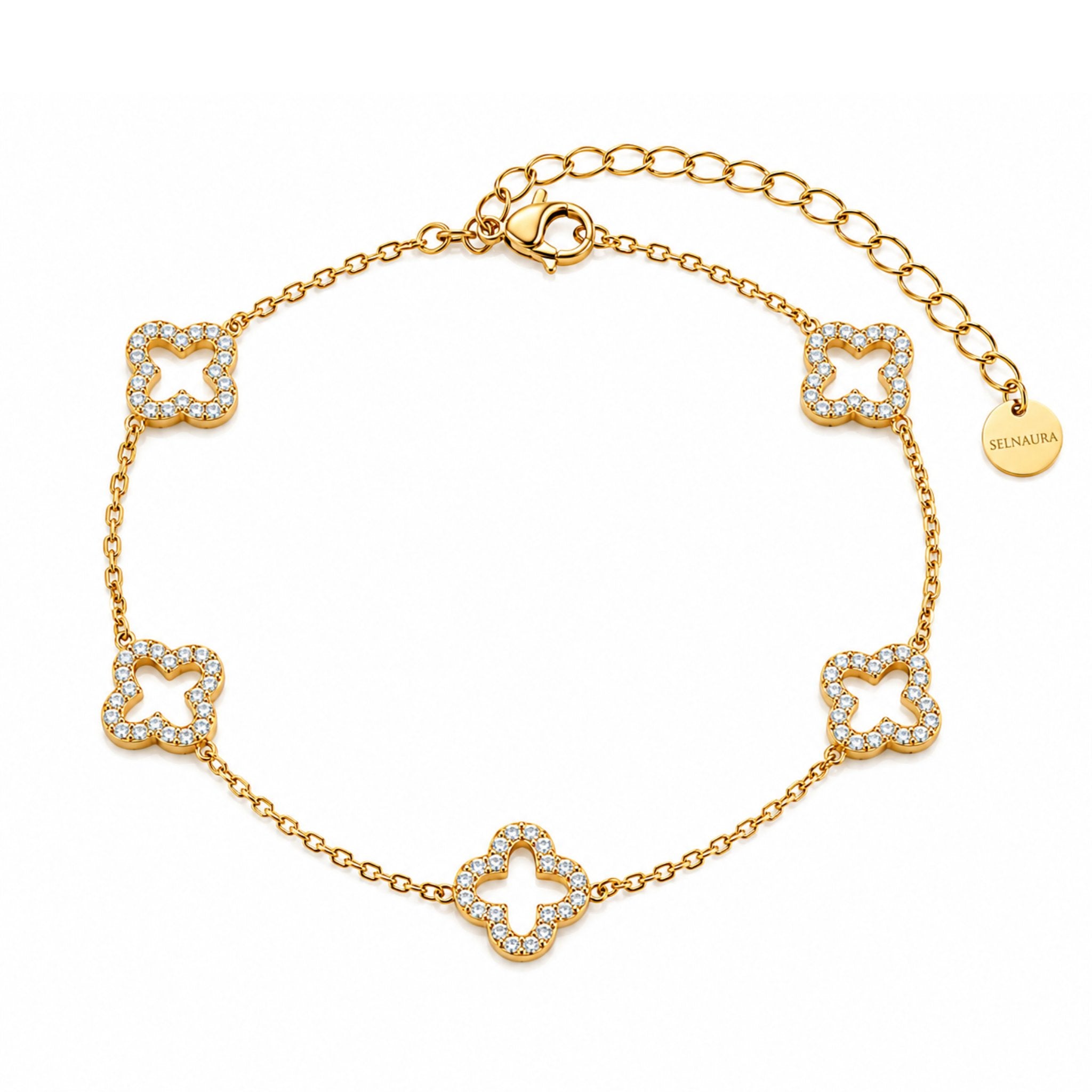 Crystal Clover Armband in Gold mit vier Kleeblatt Elementen und funkelnden Schmucksteinen