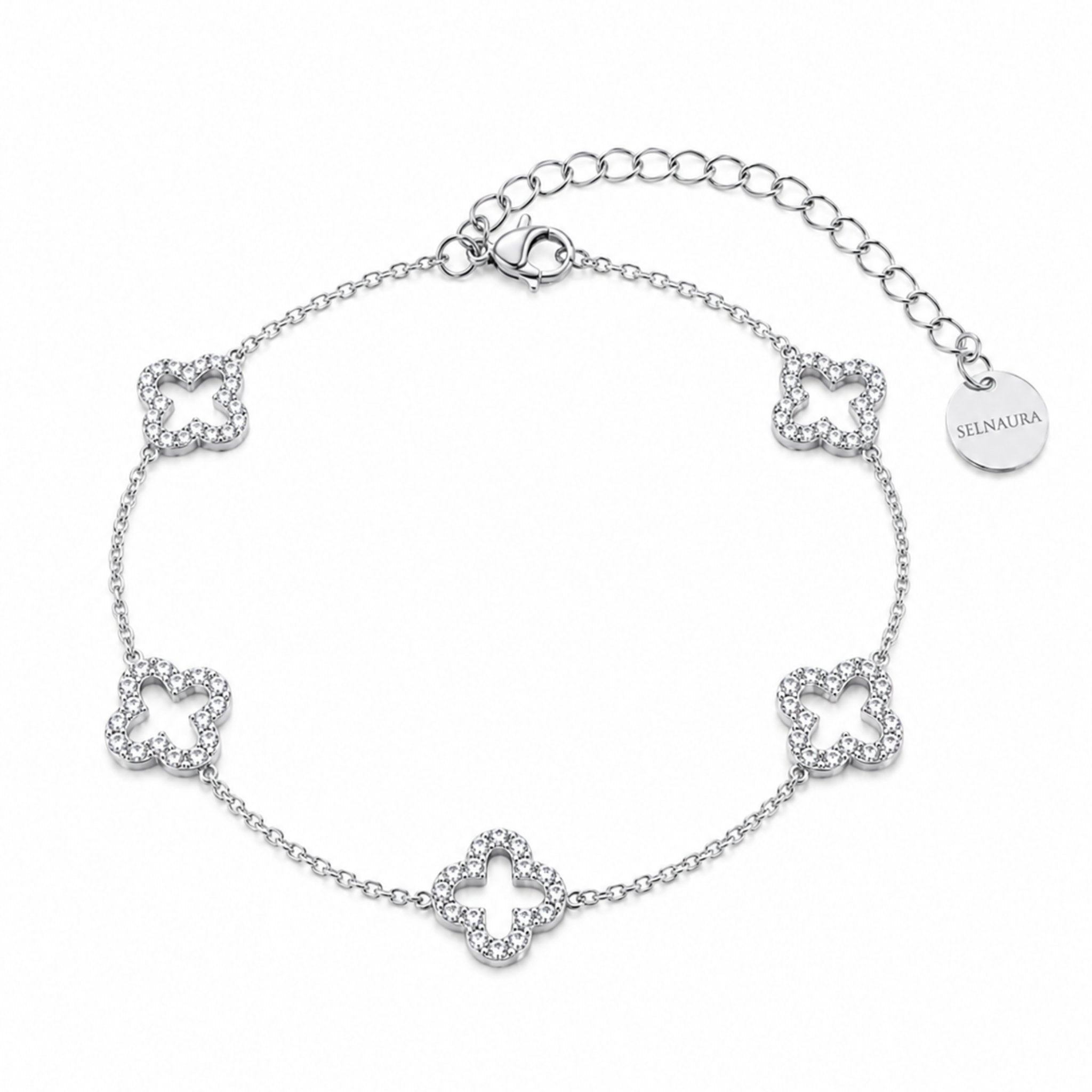 Crystal Clover Armband in Silber mit vier Kleeblatt Elementen und Schmucksteinen