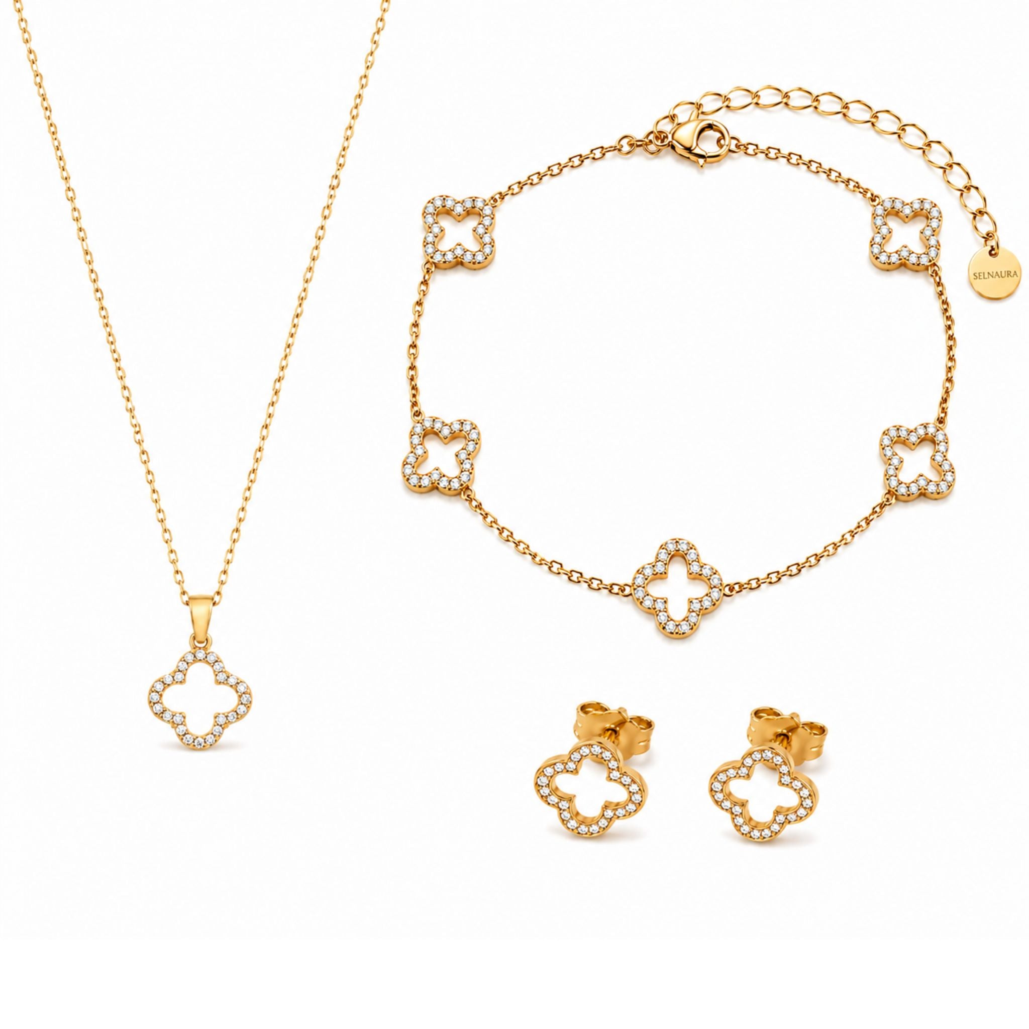 Crystal Clover Schmuckset Gold mit Halskette Armband und Ohrringen aus Zirkonia