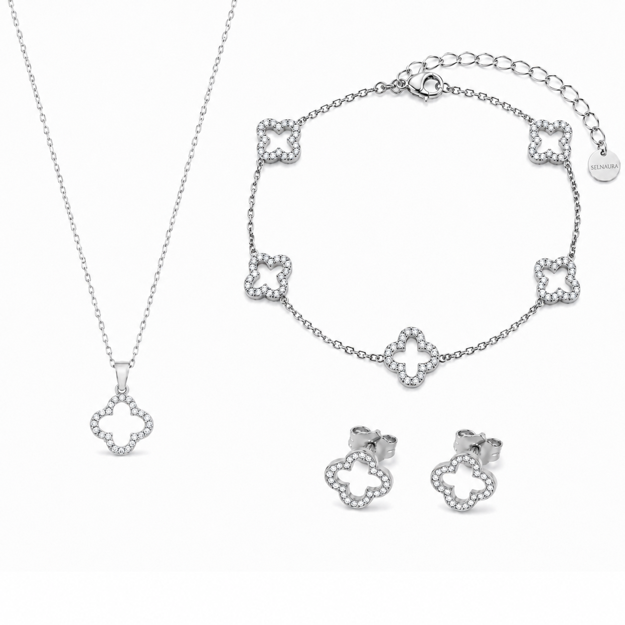 Crystal Clover Schmuckset Silber mit Halskette Armband und Ohrringen aus Zirkonia