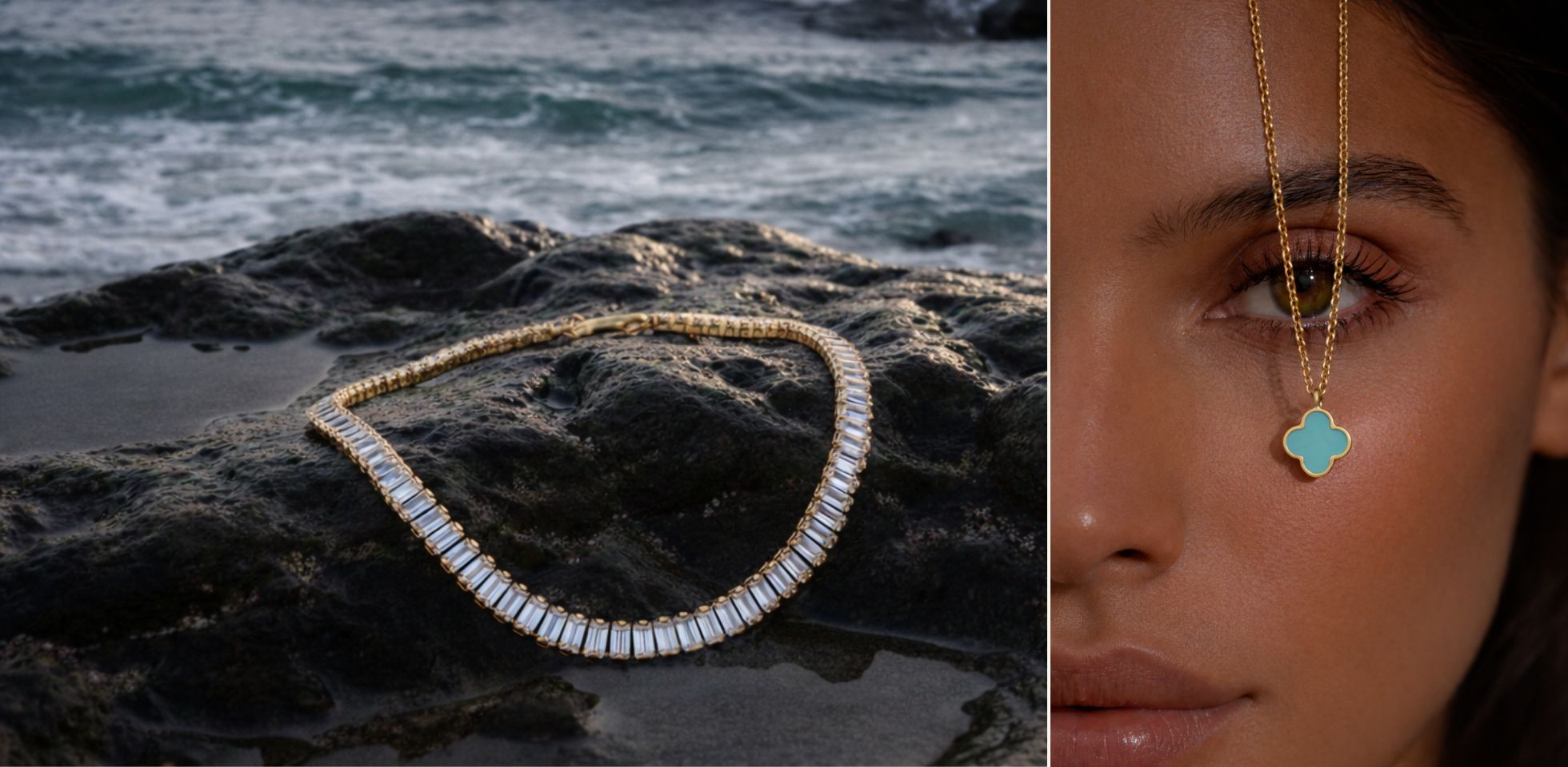 Hochwertige goldene Halskette mit präzise gefassten rechteckigen Gliedern, zeitloses Design aus langlebigen, wasserfesten Materialien, elegant in natürlicher Küstenumgebung inszeniert