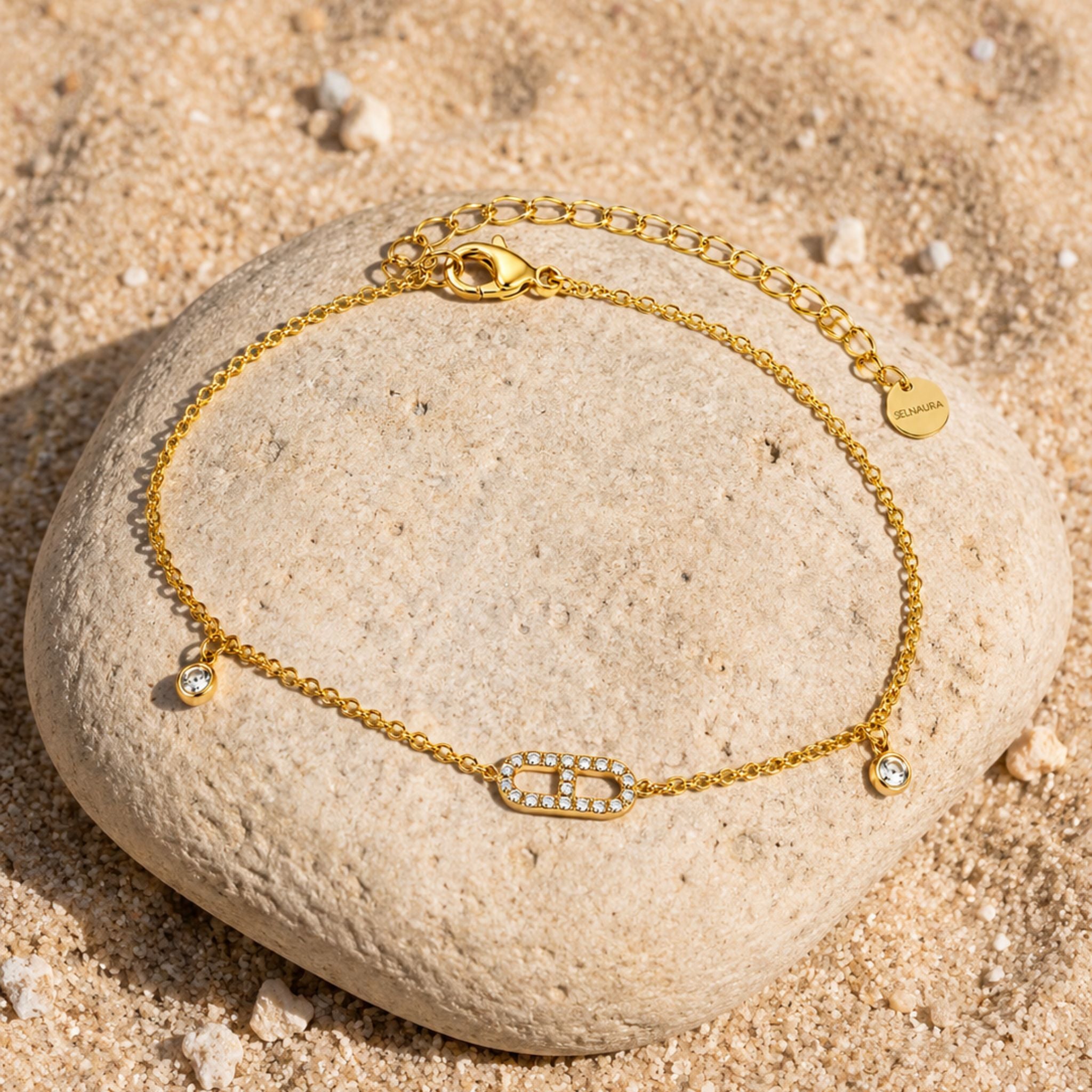 Wasserfeste Gold Fußkette mit Zirkonia Schmucksteinen und feiner Gliederkette