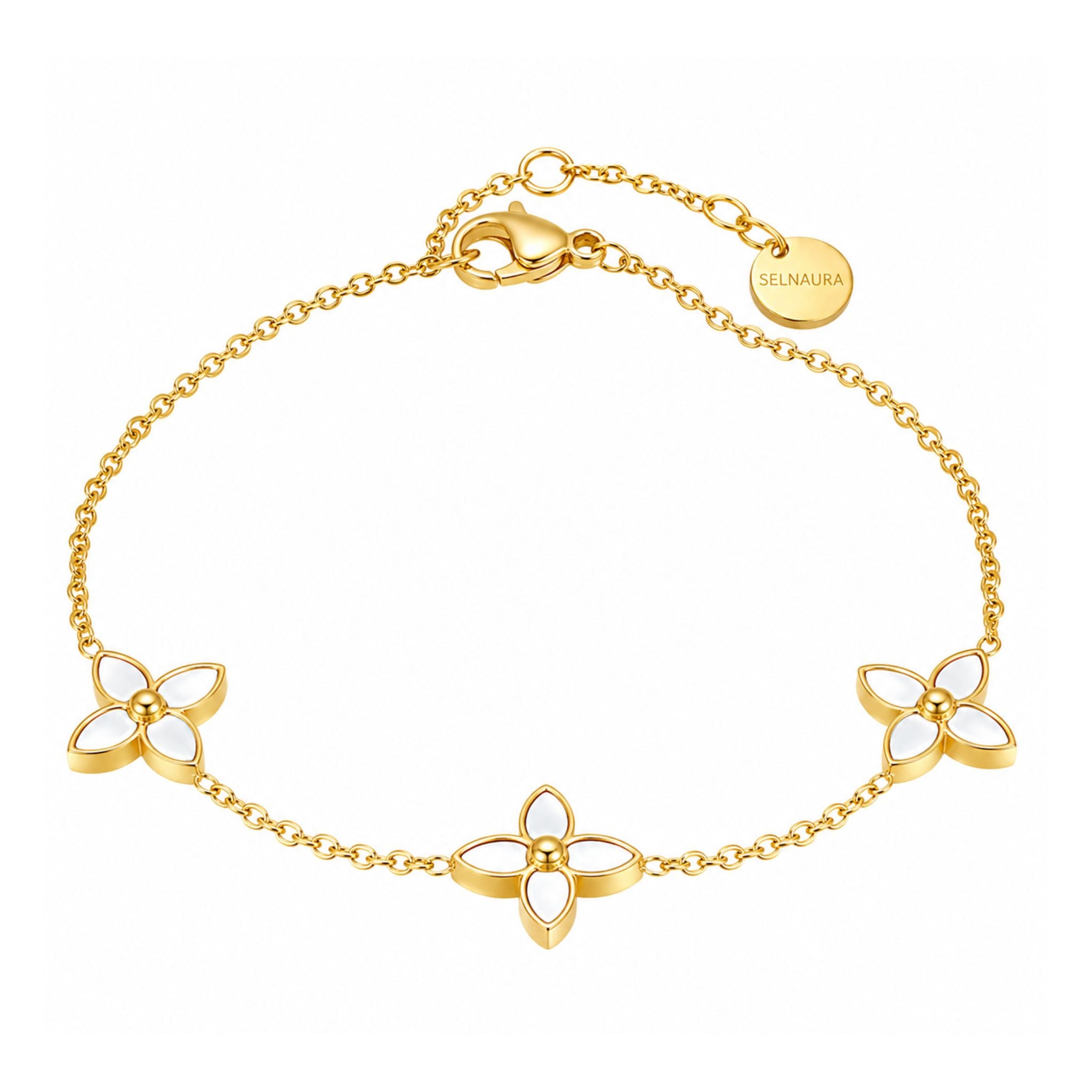 Flora Pearl Armband in Gold mit filigranen Blütenelementen und Perlmutt