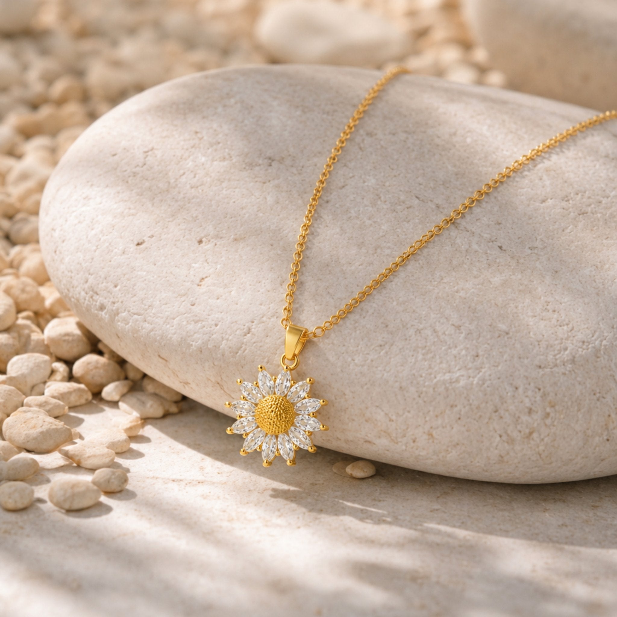 Glow Sunflower Kette in Gold mit Zirkonia Sonnenblume auf Naturstein präsentiert
