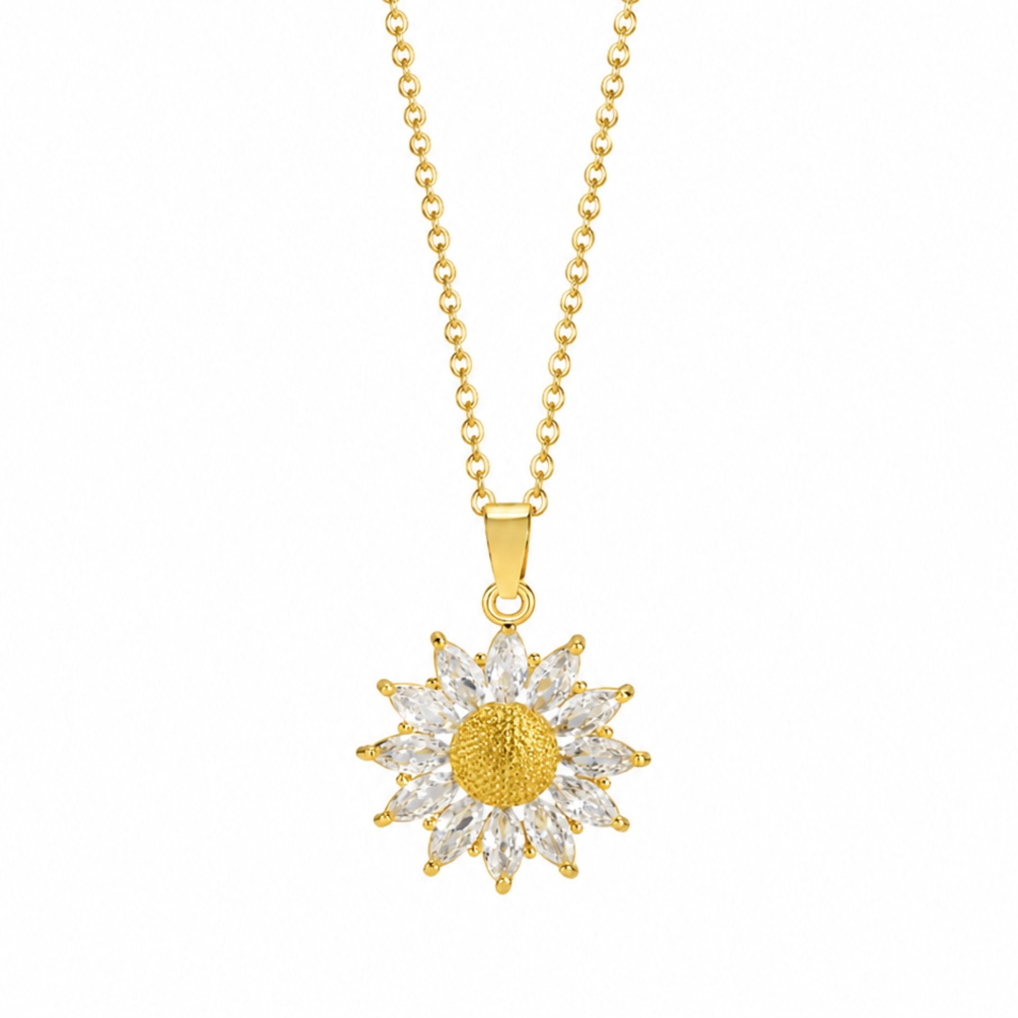 Glow Sunflower Kette in Gold mit Sonnenblumen Anhänger und funkelnden Zirkonia Steinen