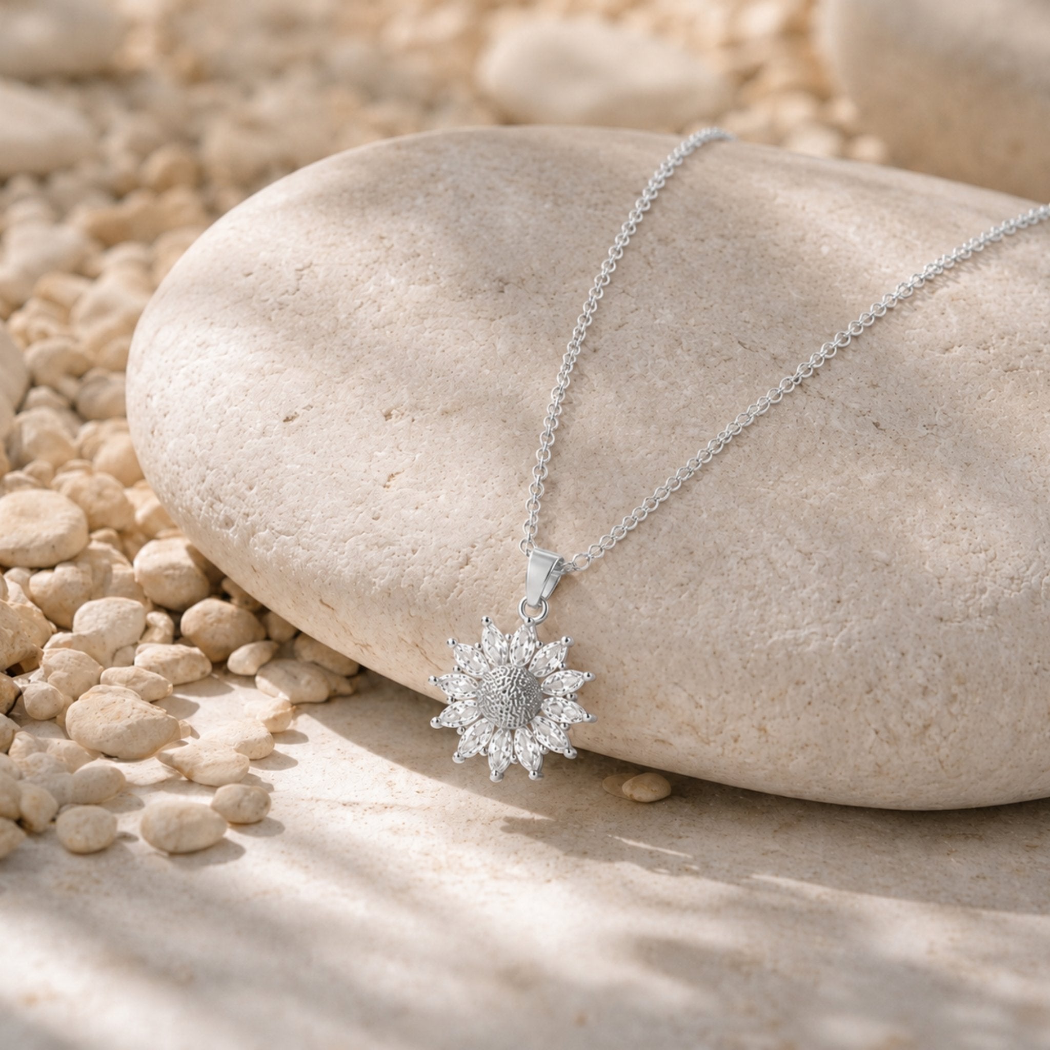 Glow Sunflower Kette in Silber auf Naturstein mit funkelnden Zirkonia Steinen