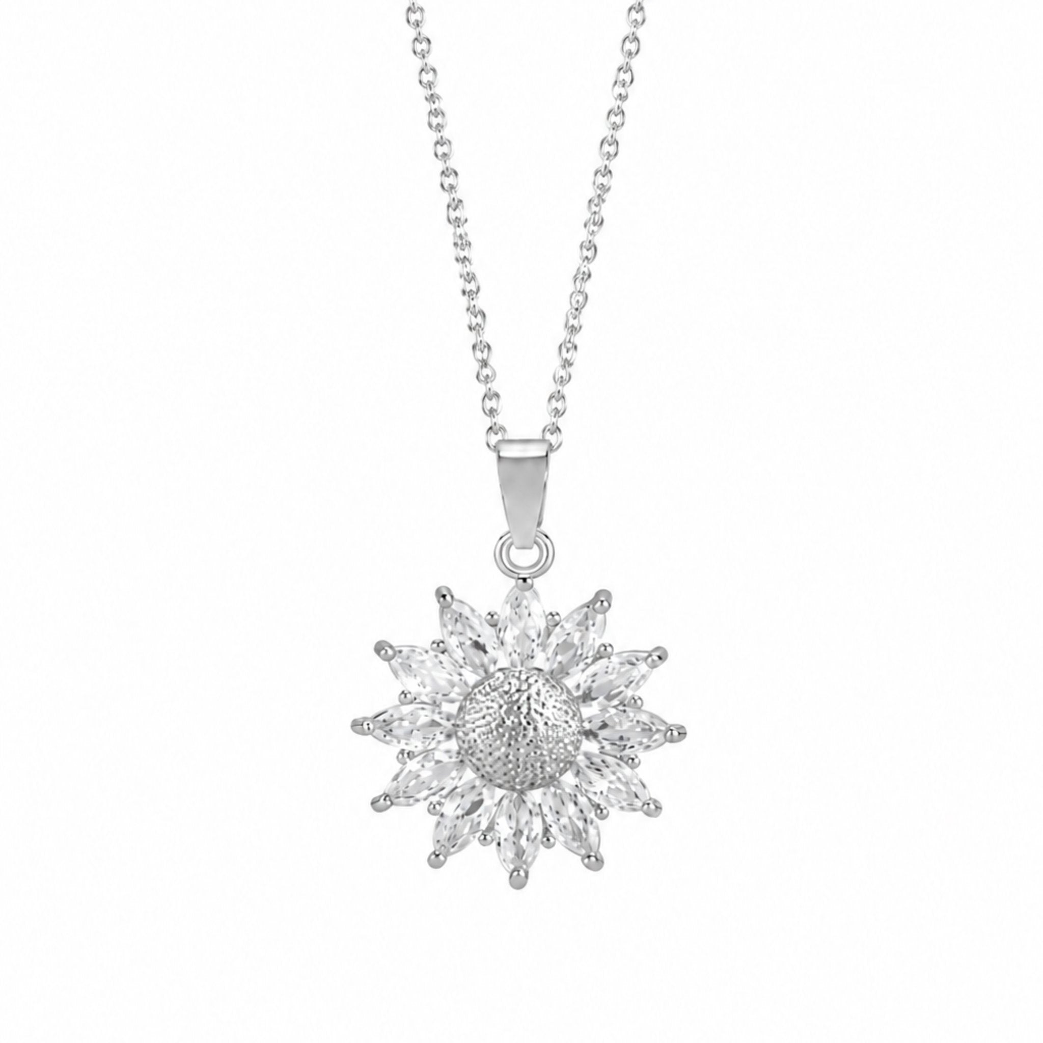 Glow Sunflower Kette in Silber mit Sonnenblumen Anhänger und glitzernden Schmucksteinen