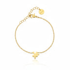 Goldenes Eternité Piece Armband mit Puzzle-Symbol, minimalistisches Damenarmband aus Edelstahl auf weißem Hintergrund